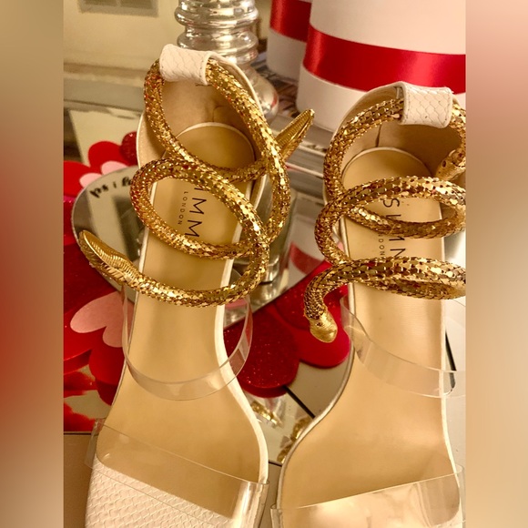 SIMMI LONDON White and Gold faux snake wrap around stiletto heels SZ 9 π₯π₯π₯ - Picture 5 of 10